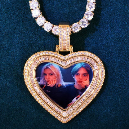 Heart Photo T-Bar Pendant | Iced Out CZ DIY Custom Picture Hip Hop Couple Necklace - CaratixJewelry