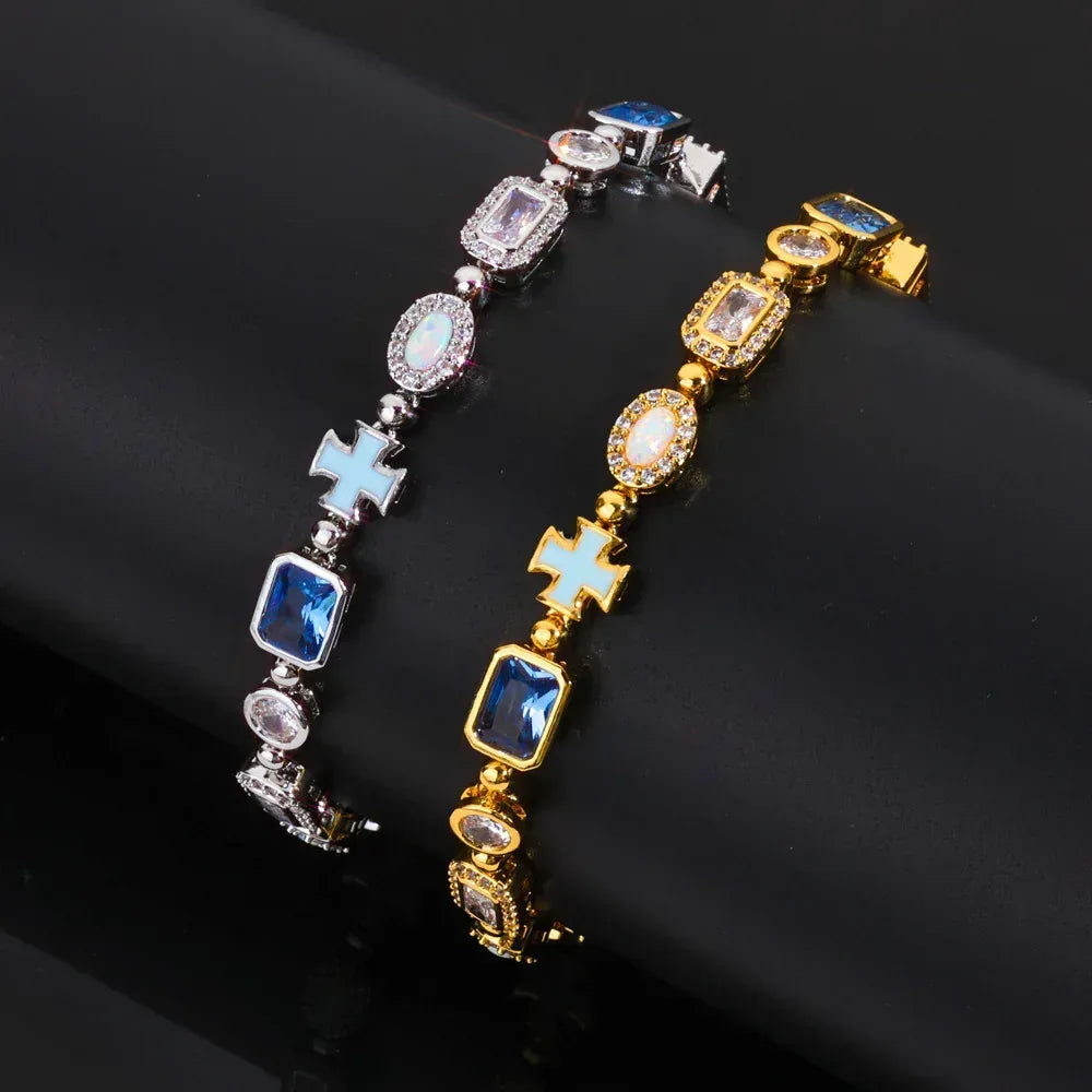 6mm Enamel Cross Necklace Blue Stone Rapper Iced Out Chain Style | Caratix Jewelry - CaratixJewelry