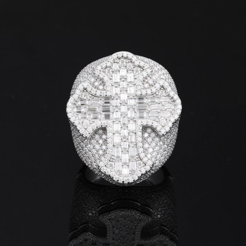 Baguette Moissanite Cross Men's Ring 925 Silver | Caratix