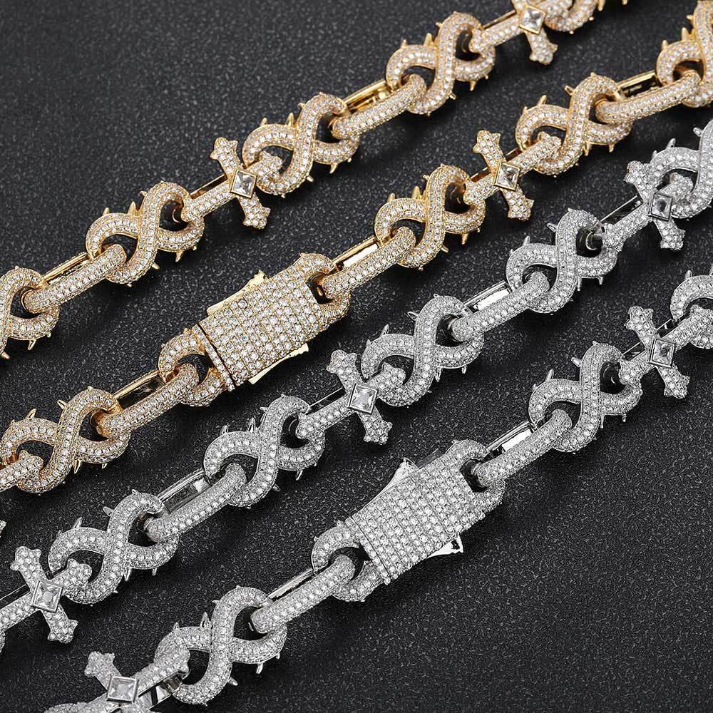 Thorn Cross Moissanite Cuban Link Chain with Figure-8 Clasp – Custom S925 Sterling Silver Iced-Out Hip Hop Men’s Streetwear Necklace - CaratixJewelry