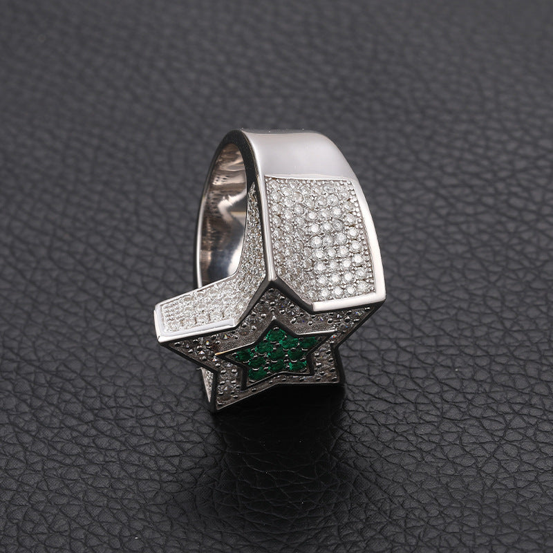 Men's S925 Sterling Silver Moissanite Star Ring – Blue Sapphire Hip-Hop Statement Band
