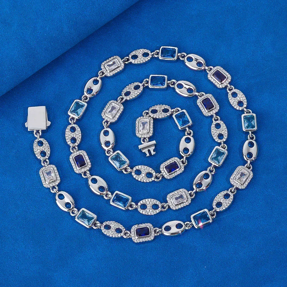 Custom 10mm Blue Gemstone Coffee Bean Chain | Minimalist Iced Out Jewelry | Caratix - CaratixJewelry