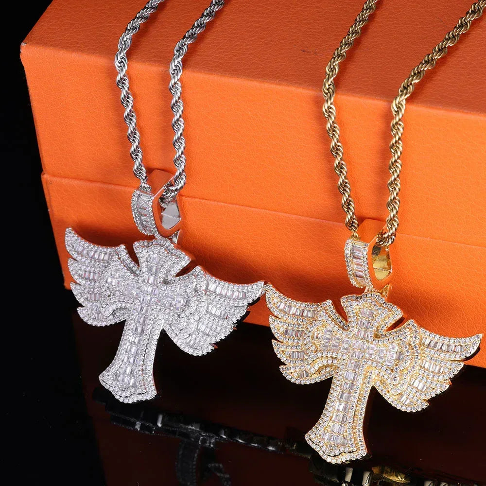 Angel Wing Cross S925 Silver Moissanite Rapper Chain Necklace | Caratix Jewelry - CaratixJewelry