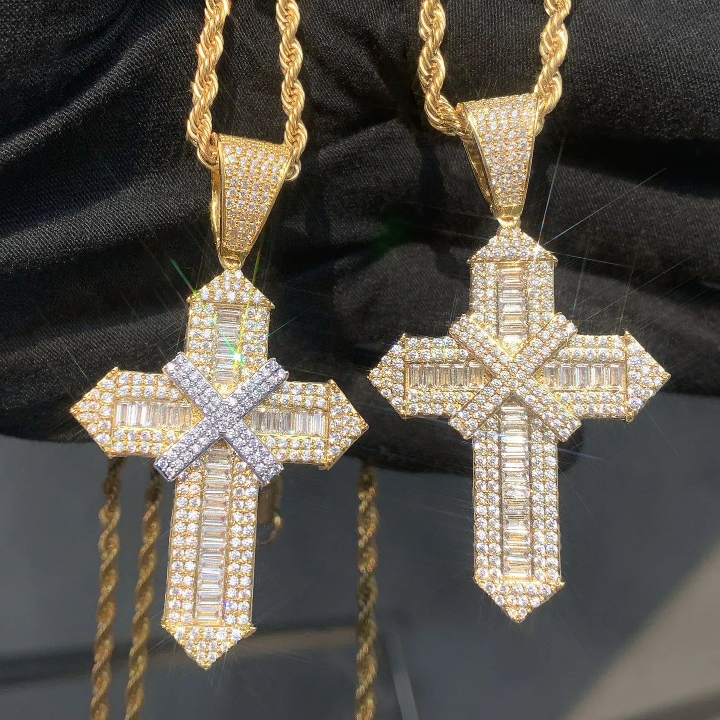Iced Out Cross Pendant Necklace – Step-Cut Mixed Stone - CaratixJewelry