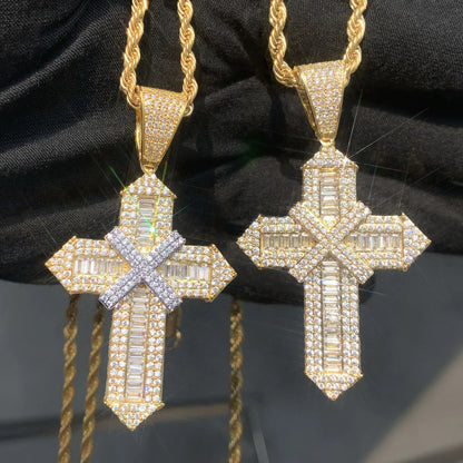 Iced Out Cross Pendant Necklace – Step-Cut Mixed Stone - CaratixJewelry
