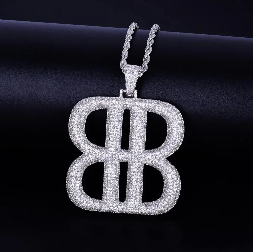 Iced Out Double "B" Letter Pendant | Men's Symmetrical Monogram Necklace | Premium Copper CZ Initial Jewelry | Luxury Designer Style Bling | Caratix - CaratixJewelry