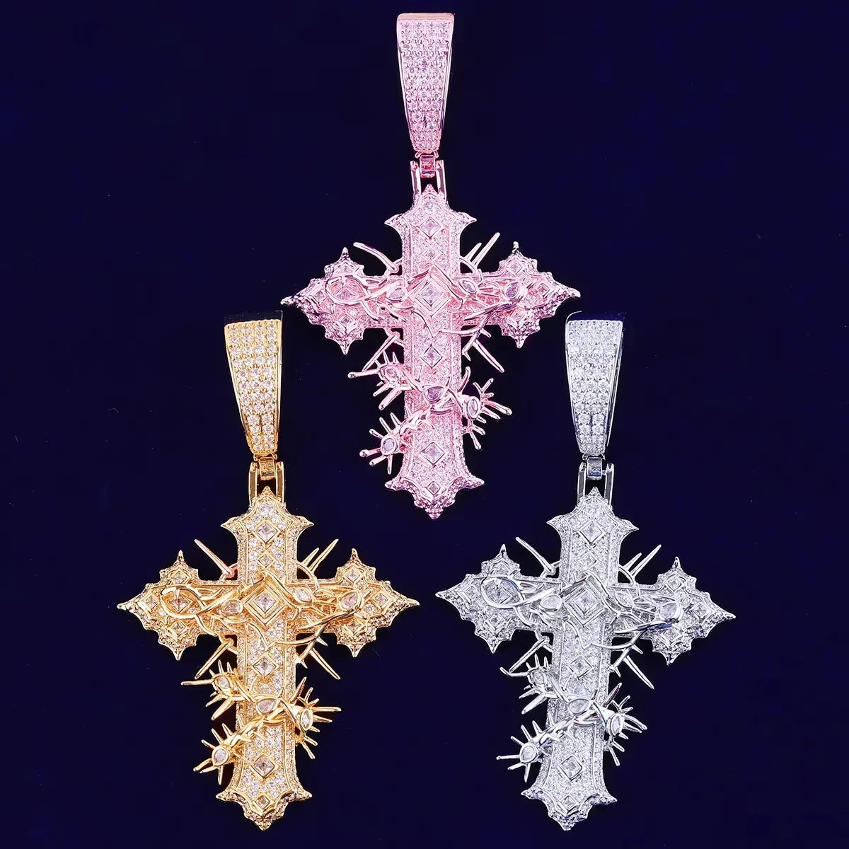 Women's Iced Out Thorned Gothic Cross Pendant | Hip Hop Spiky Cross Necklace | Genuine Copper CZ Jewelry | Street Luxe Bling | Caratix - CaratixJewelry