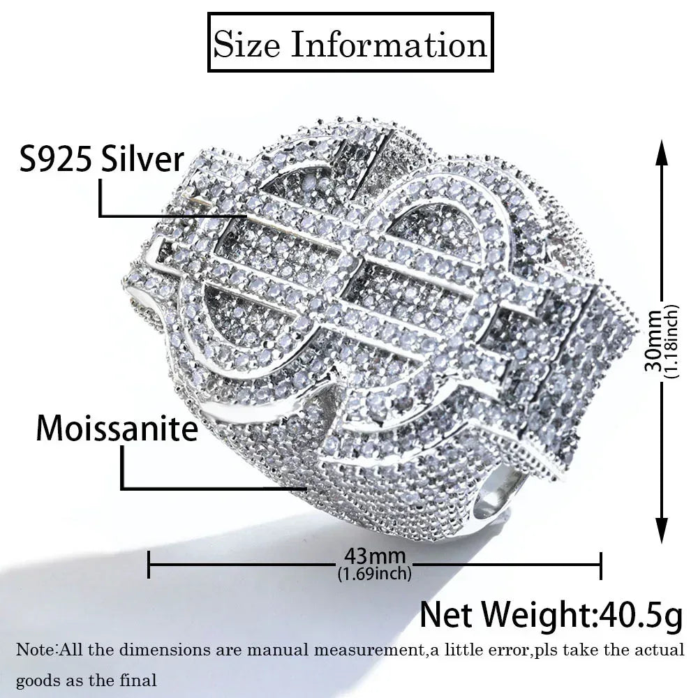 Dollar Sign S925 Silver Moissanite Ring for Men | Caratix Jewelry - CaratixJewelry