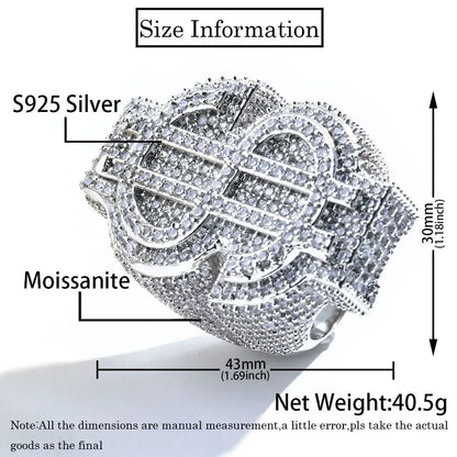 Dollar Sign S925 Silver Moissanite Ring for Men | Caratix Jewelry - CaratixJewelry