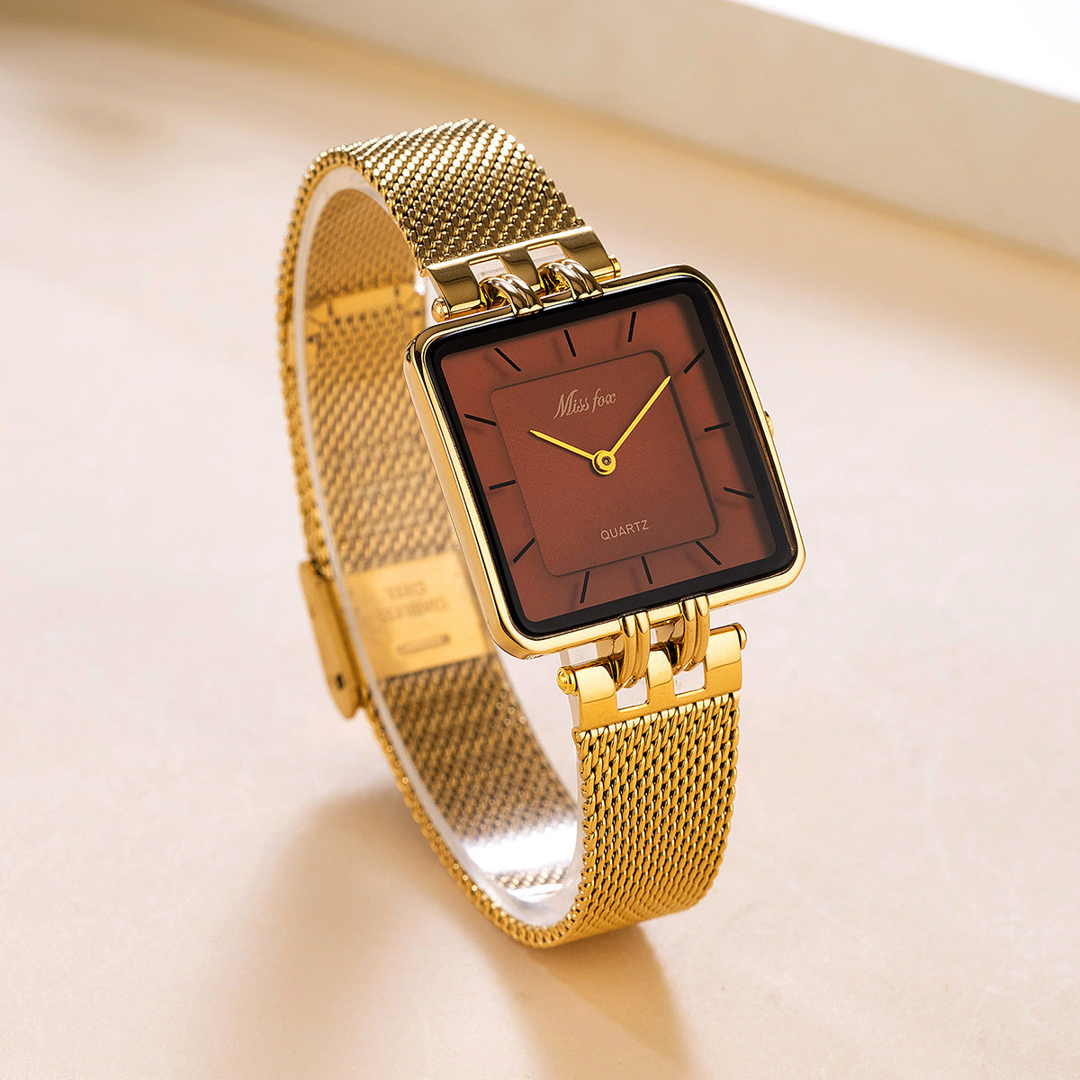 Classic Square Gold Watch Stainless Steel Mesh Band | Caratix