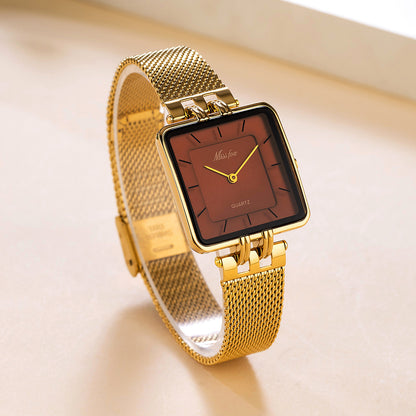 Classic Square Gold Watch Stainless Steel Mesh Band | Caratix