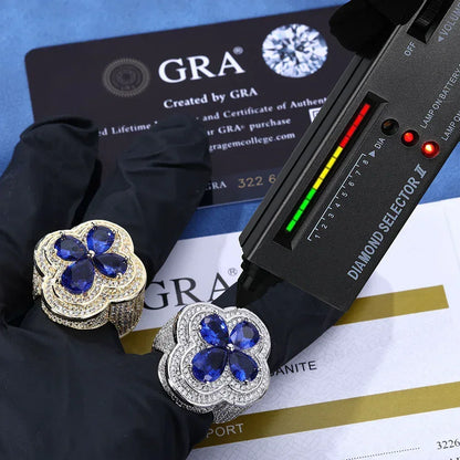 Blue Flower S925 Silver Moissanite Ring Rapper Iced Out Style | Caratix Jewelry - CaratixJewelry
