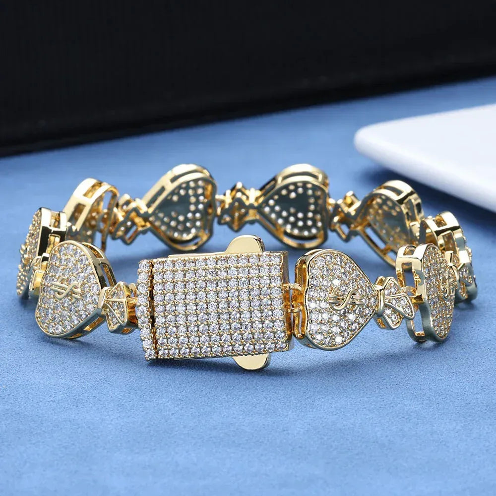 15mm Money Bag Cuban Link Bracelet with Zircon Hip Hop Jewelry - CaratixJewelry