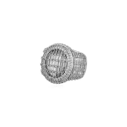 Men's Iced Out Round Signet Ring | Baguette Cut Retro Hip Hop Band | Caratix
