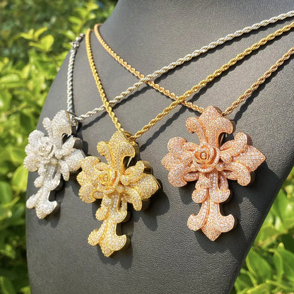 Exaggerated Floral Iced Out Cross Pendant | Luxury Men's Real Copper CZ Necklace - CaratixJewelry