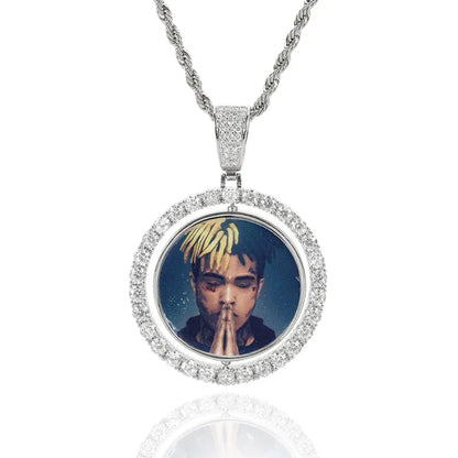 Custom Rotating Double-Sided Round Photo Pendant Necklace with Micro-Pave Zircon Stones | Caratix Jewelry - CaratixJewelry