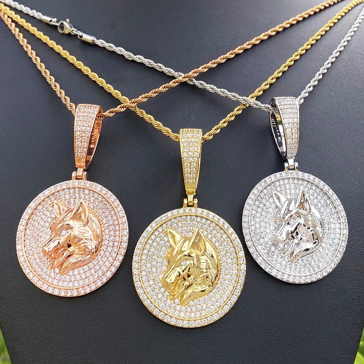 Iced Out Round Wolf Head Medallion | Men's Real Copper CZ "Alpha" Necklace | - CaratixJewelry