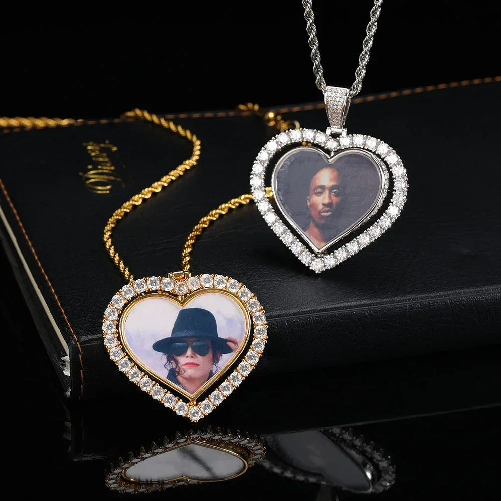 Custom Double-Sided Heart Rotating Photo Pendant Necklace with Zircon Stones for Men and Women | Caratix Jewelry - CaratixJewelry