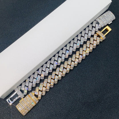 18mm Triple Row Moissanite Cuban Link Chain | Baguette & Round Cut Mix | Caratix