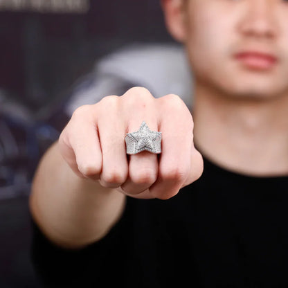 Men's Iced Out 3D Star Ring | Hip Hop Pentagram Signet Band | Caratix