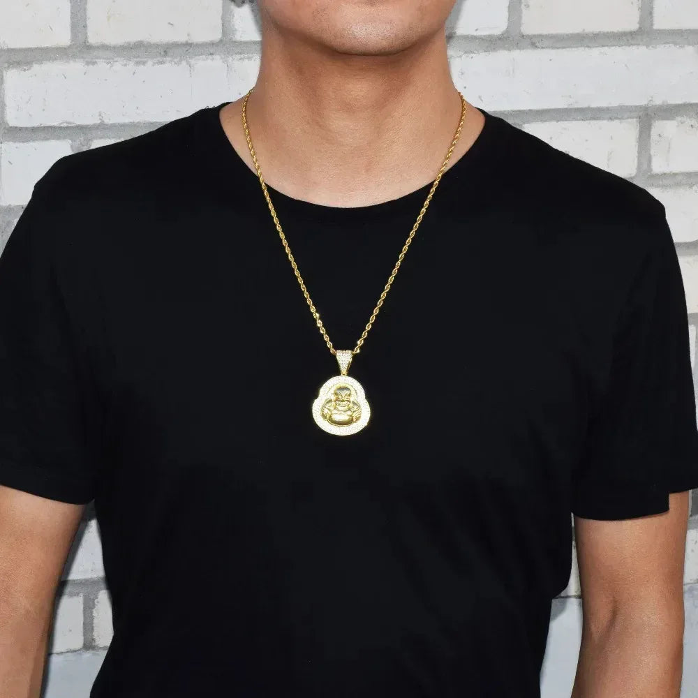 Iced Out Laughing Buddha Pendant | Men's Lucky Hip Hop Necklace | Premium Copper CZ Maitreya Jewelry | Wealth & Good Fortune | Caratix - CaratixJewelry