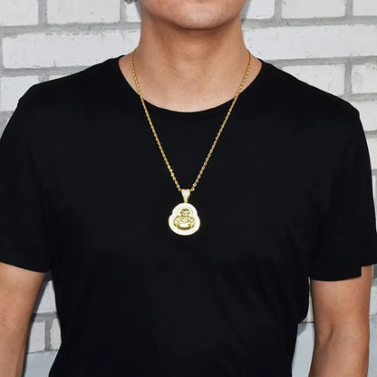 Iced Out Laughing Buddha Pendant | Men's Lucky Hip Hop Necklace | Premium Copper CZ Maitreya Jewelry | Wealth & Good Fortune | Caratix - CaratixJewelry