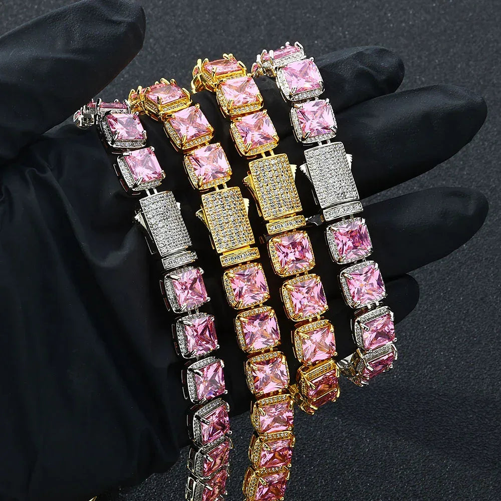 Custom 10mm Pink Baguette Sugar Link Necklace Hip Hop Bling | Caratix - CaratixJewelry