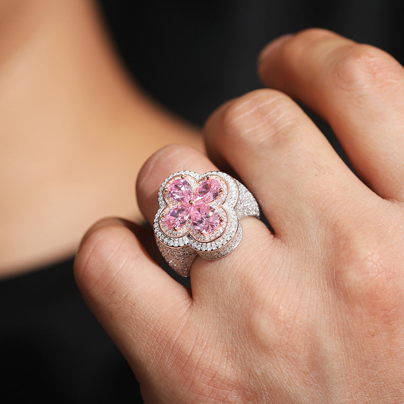 S925 Sterling Silver Moissanite Flower Ring – Ice Out Hip-Hop Luxury Statement Band for Men