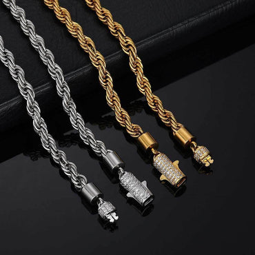 6mm Twist Rope Chain Stainless Steel Necklace with Zircon Clasp Hip Hop Jewelry for Men | Caratix Jewelry - CaratixJewelry