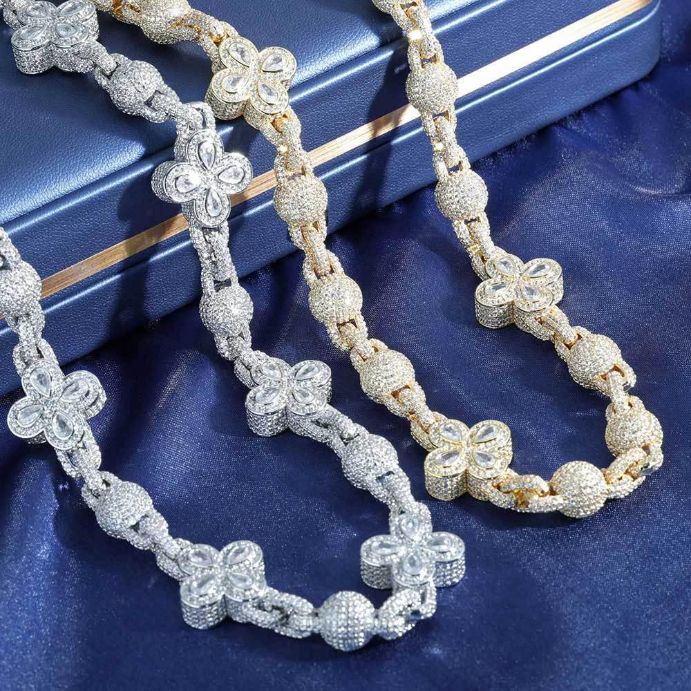 Four-Leaf Clover Moissanite Bead Chain – S925 Sterling Silver Iced-Out Hip Hop Men’s Luxury Streetwear Necklace - CaratixJewelry