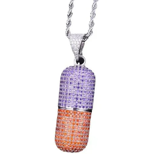 Iced Out Dual-Tone Pill Pendant | Men's Spliced Capsule Necklace | Premium Copper CZ Party Jewelry | Half & Half Trend Bling | Caratix - CaratixJewelry