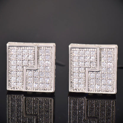 Zircon Square Stud Earrings with Zigzag Design | Retro Hip Hop Jewelry | Caratix Jewelry - CaratixJewelry