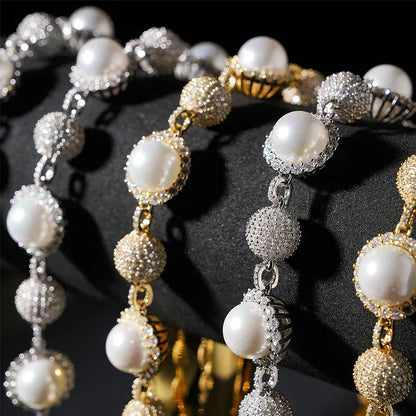 10mm Pearl Moissanite Necklace | S925 Silver Men’s Hip Hop Jewelry - CaratixJewelry