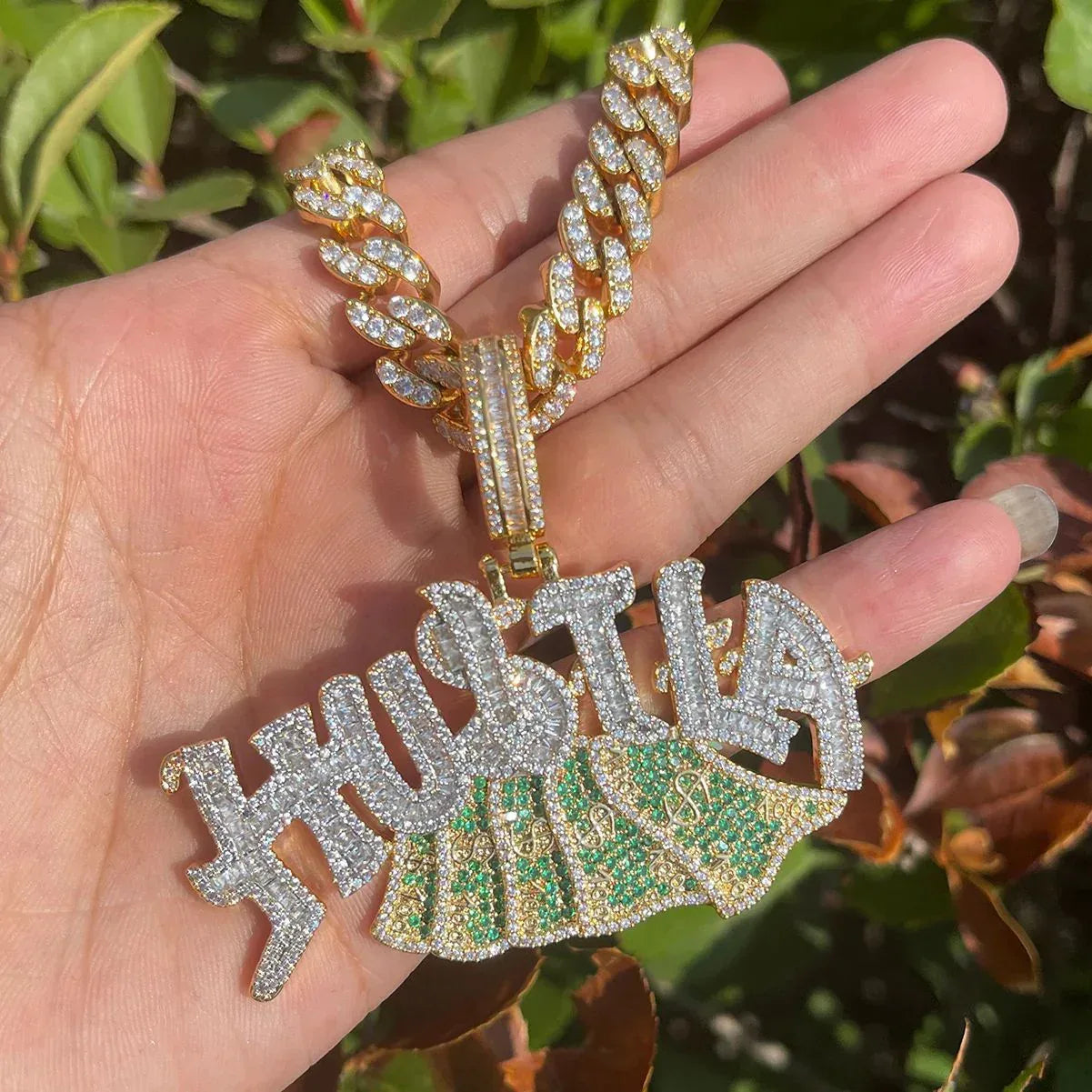 Iced Out "Hustle" Dollar Sign Pendant | Men's Real Copper CZ Necklace - CaratixJewelry