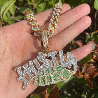 Iced Out "Hustle" Dollar Sign Pendant | Men's Real Copper CZ Necklace - CaratixJewelry