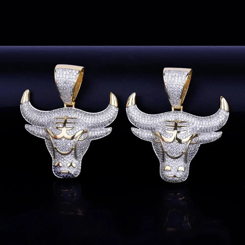Iced Out Raging Bull Head Pendant | Men's Taurus Zodiac Necklace | Premium Copper CZ Chicago Style Jewelry | Wall Street Wealth Charm | Caratix - CaratixJewelry