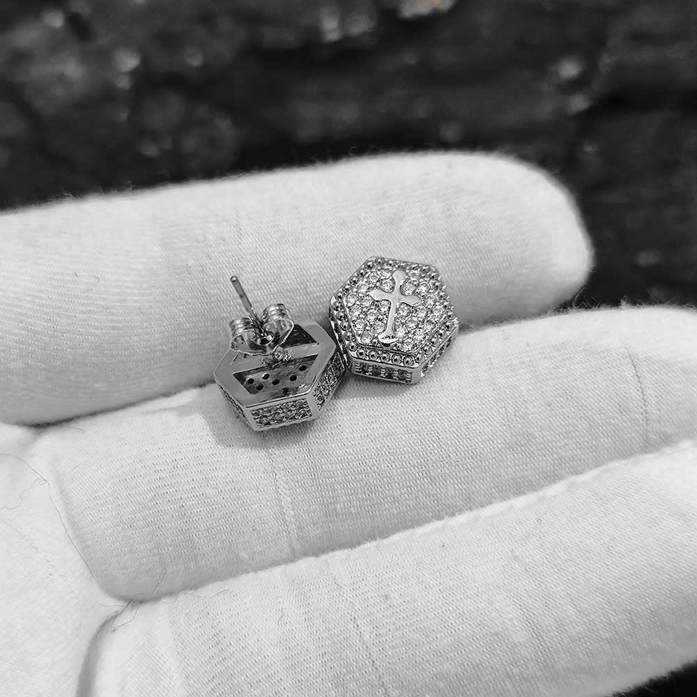 Hexagonal Cross Zircon Stud Earrings for Men and Women | Iced Out Hip Hop Jewelry | Caratix Jewelry - CaratixJewelry