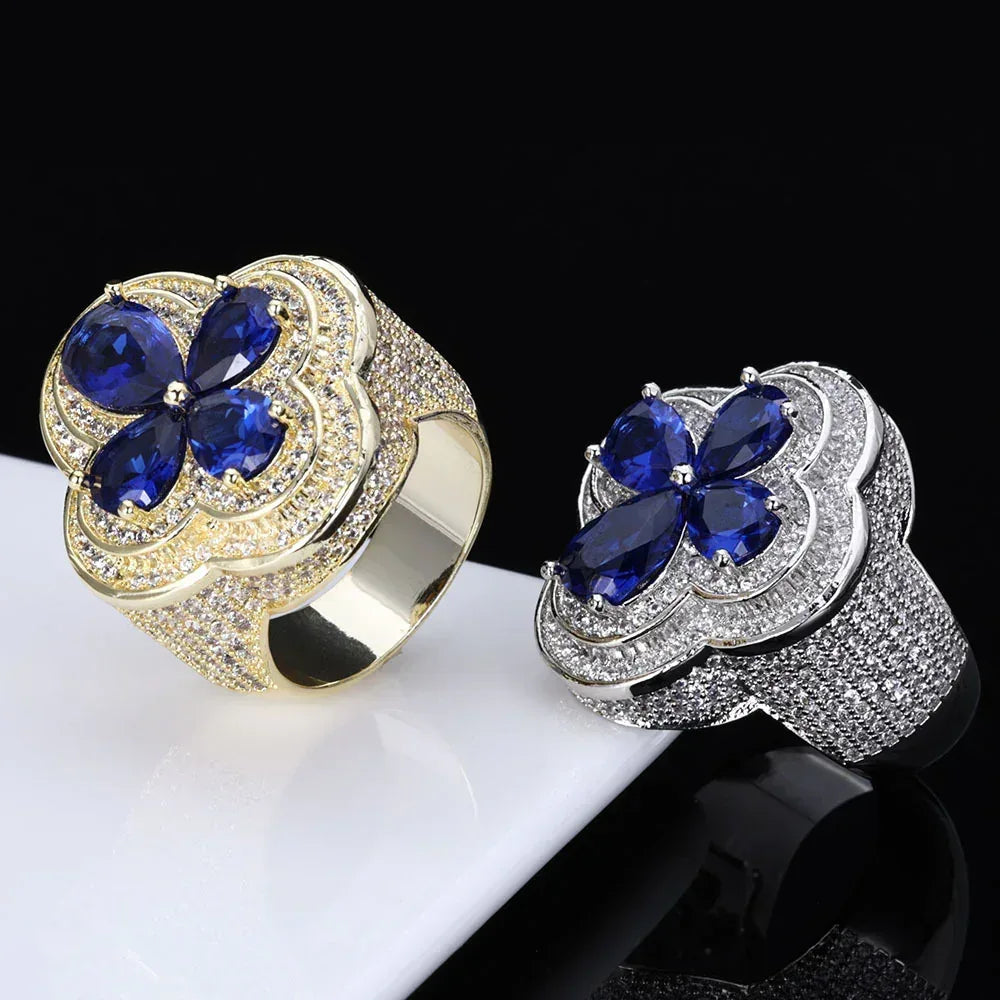 Blue Flower S925 Silver Moissanite Ring Rapper Iced Out Style | Caratix Jewelry - CaratixJewelry