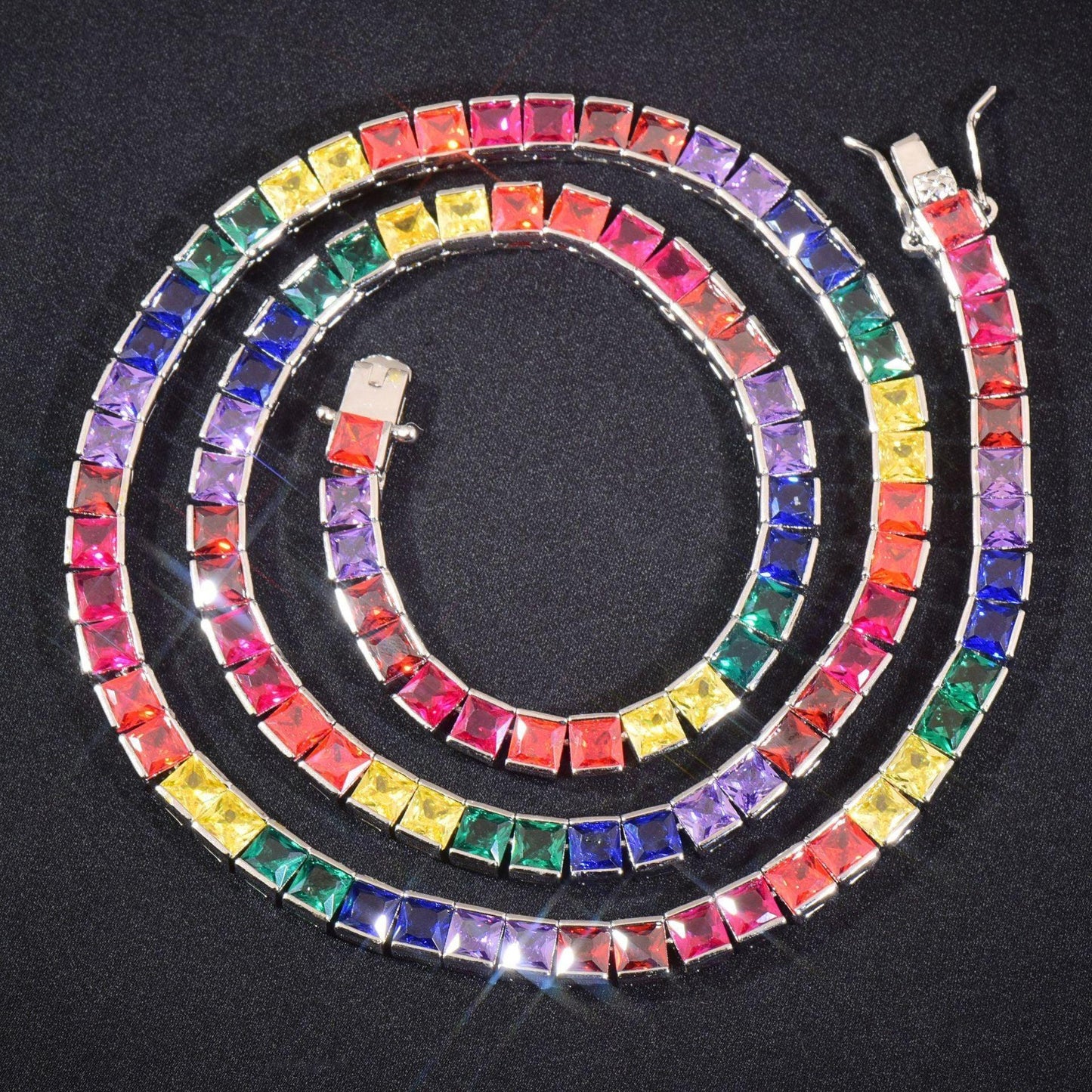 Single Row Rainbow Tennis Chain Necklace with Copper & Colorful Zircon | Hip Hop Jewelry | Caratix Jewelry - CaratixJewelry