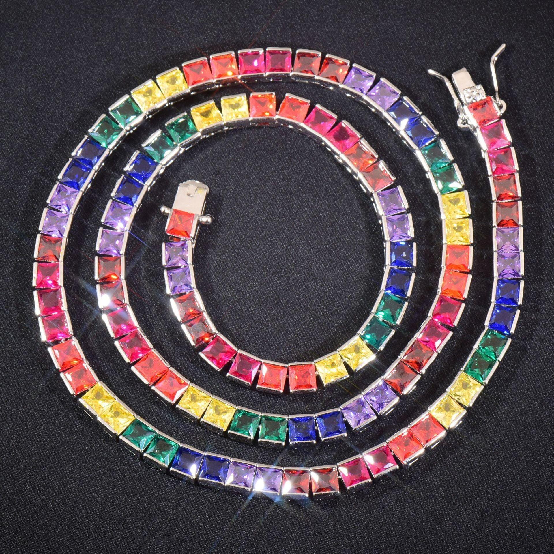 Single Row Rainbow Tennis Chain Necklace with Copper & Colorful Zircon | Hip Hop Jewelry | Caratix Jewelry - CaratixJewelry