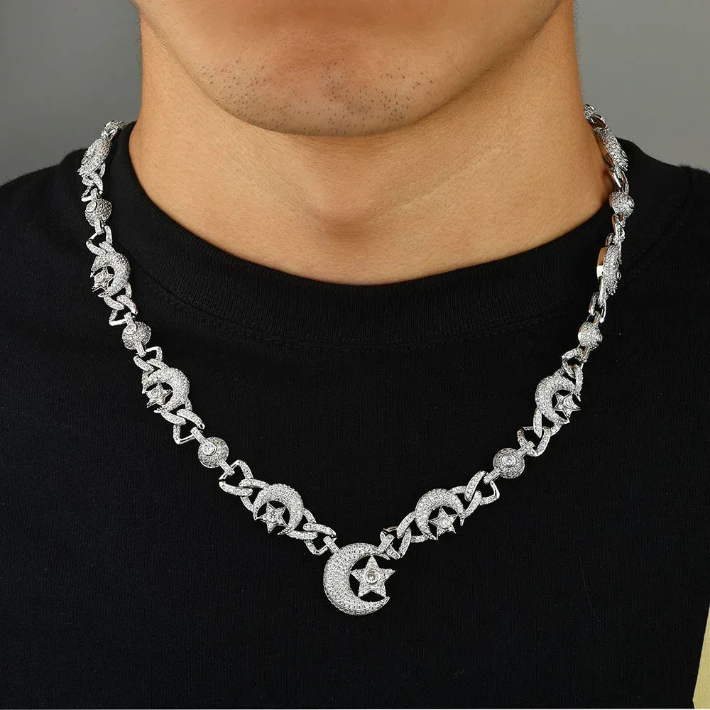 Moon & Star Moissanite Necklace – S925 Sterling Silver Iced-Out Hip Hop Men’s Luxury Clavicle Chain Jewelry - CaratixJewelry
