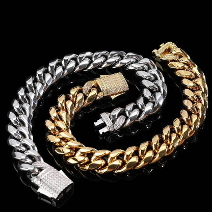 Custom Stainless Steel Cuban Chain Necklace with Zircon Stones & Spring Clasp for Men | Caratix Jewelry - CaratixJewelry