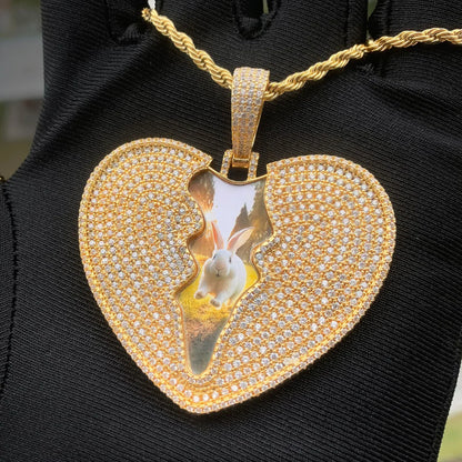 Broken Heart Photo Pendant | Iced Out CZ Custom Picture Hip Hop Necklace - CaratixJewelry