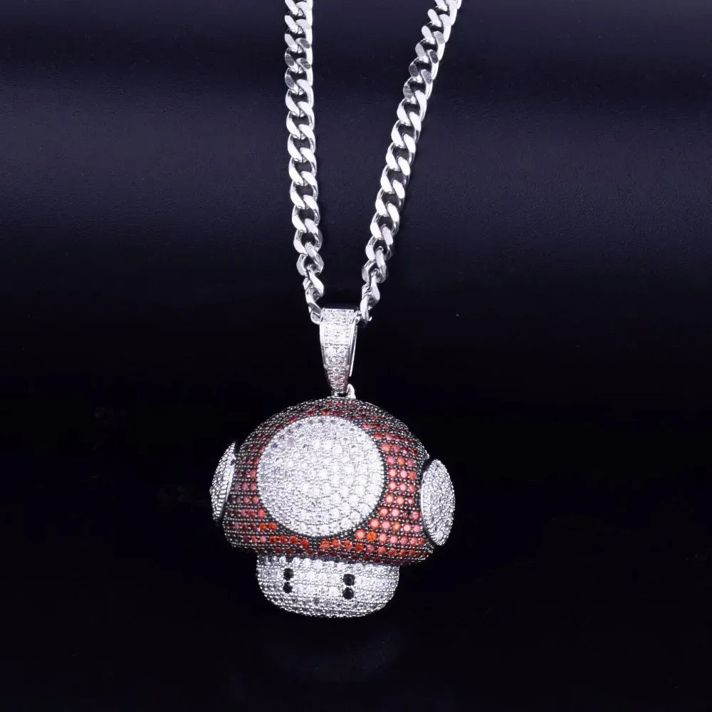 Iced Out Funky Mushroom Pendant | Men's Real Copper CZ Necklace - CaratixJewelry