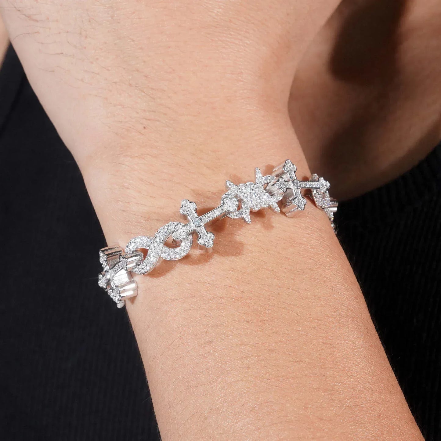 12mm Moissanite Cross Cuban Link Bracelet – S925 Sterling Silver Iced-Out Hip Hop Jewelry with Figure-8 Clasp - CaratixJewelry