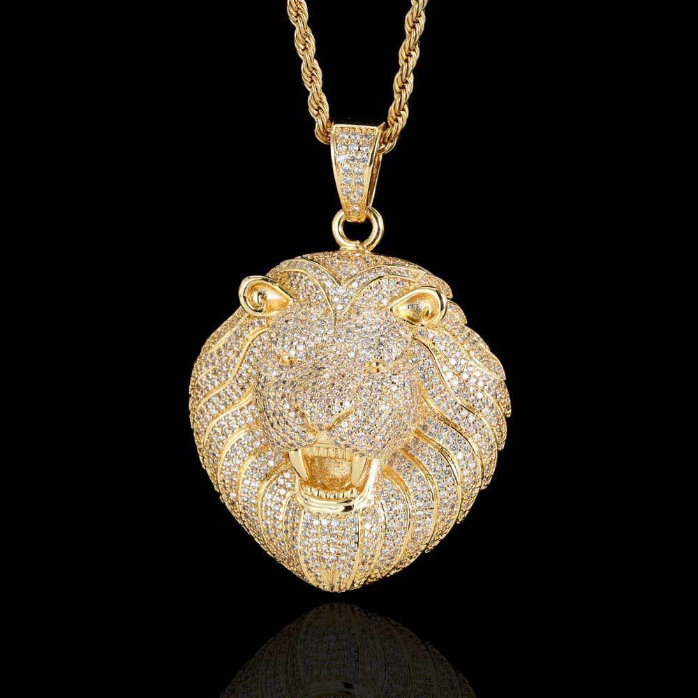 Custom Full Lion Head Pendant Necklace with Zircon Stones and Gold Plating for Men | Caratix Jewelry - CaratixJewelry
