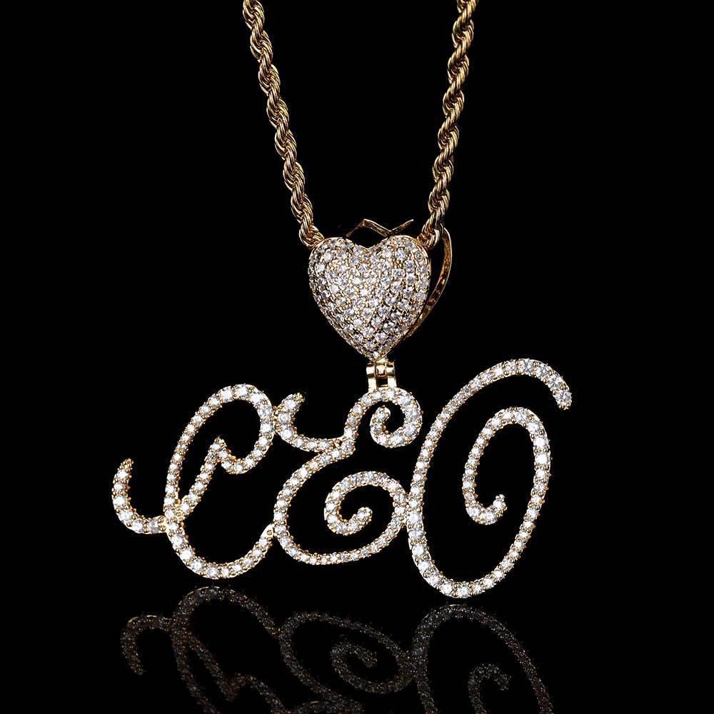 Heart Lock Calligraphy Letter Pendant Necklace with Zircon Stones for Men and Women | Caratix Jewelry - CaratixJewelry