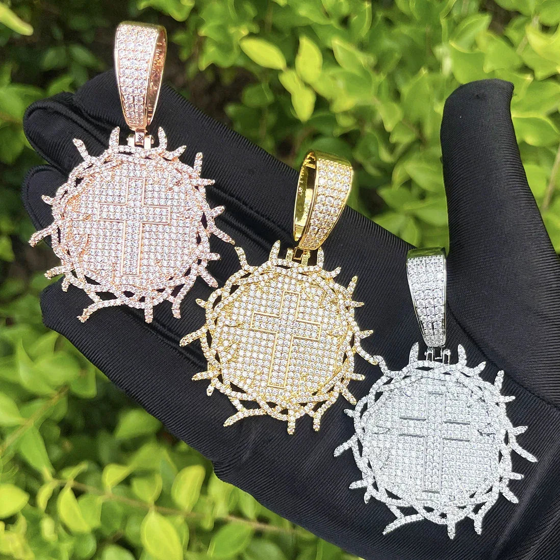 Iced Out Thorns Disc Cross Pendant | Men's Real Copper CZ Shield Necklace - CaratixJewelry