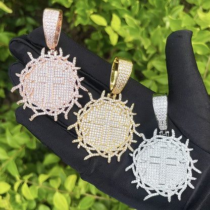 Iced Out Thorns Disc Cross Pendant | Men's Real Copper CZ Shield Necklace - CaratixJewelry