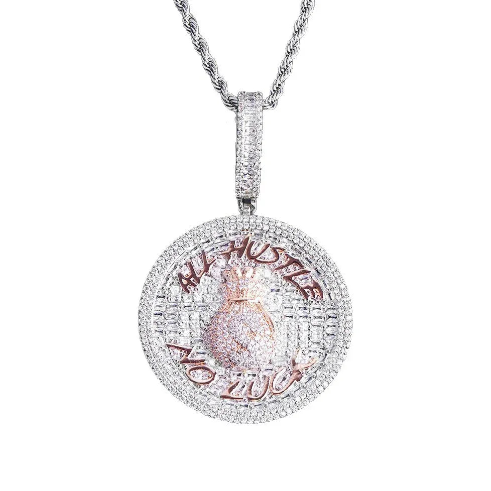 Iced Out "ALL HUSTLE NO LUCK" Medallion | Men's Round Letter Pendant - CaratixJewelry